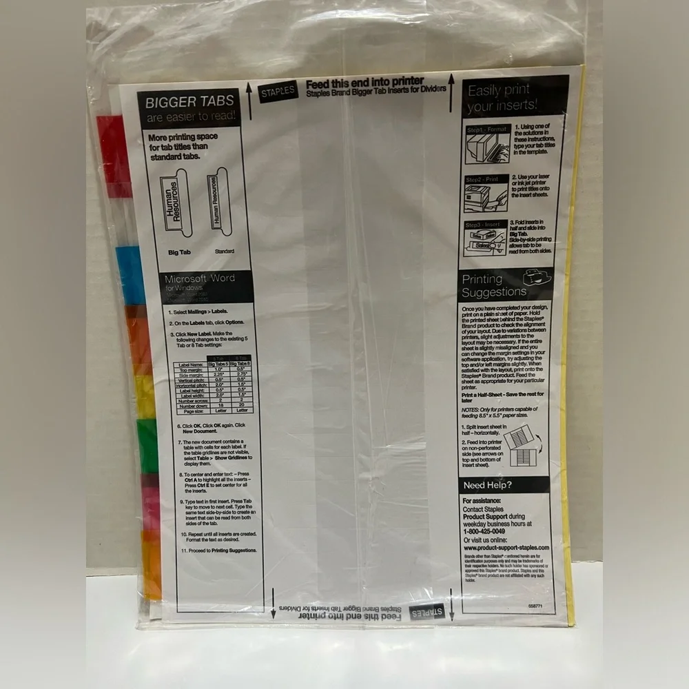 Staples Assorted Color 8 Large Tab Insertable Dividers Lot of 4 Packs (56 Total)
